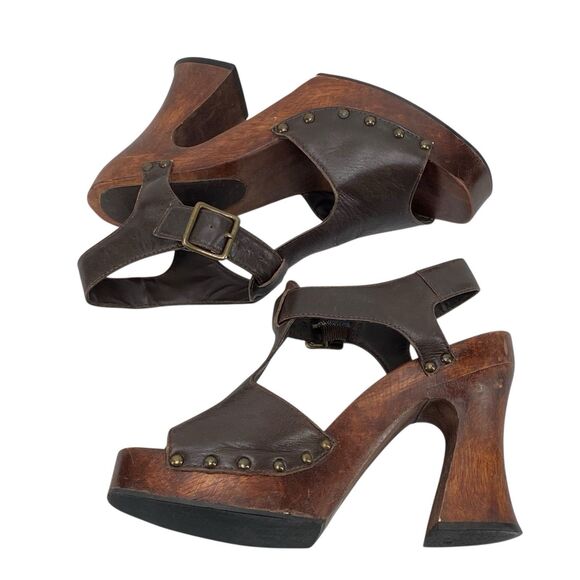 1990s Y2K Wood Soled Bongo Platform Brown Sandals Women’s Size 8 (HF16) - Picture 5 of 11